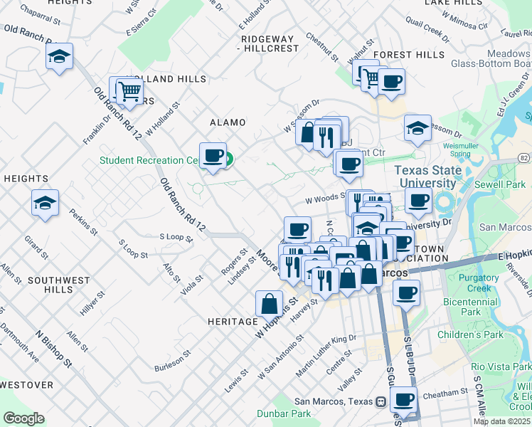 map of restaurants, bars, coffee shops, grocery stores, and more near 100 Llano Circle in San Marcos