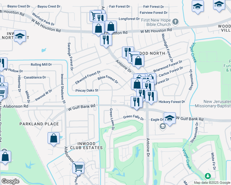 map of restaurants, bars, coffee shops, grocery stores, and more near 5919 Pincay Oaks Street in Houston