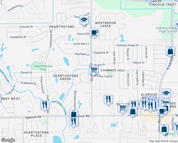 map of restaurants, bars, coffee shops, grocery stores, and more near 7426 East Suddley Castle Street in Houston