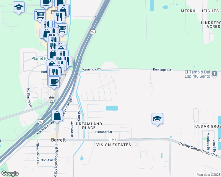 map of restaurants, bars, coffee shops, grocery stores, and more near 13707 Alaskan Brown Bear Trail in Crosby