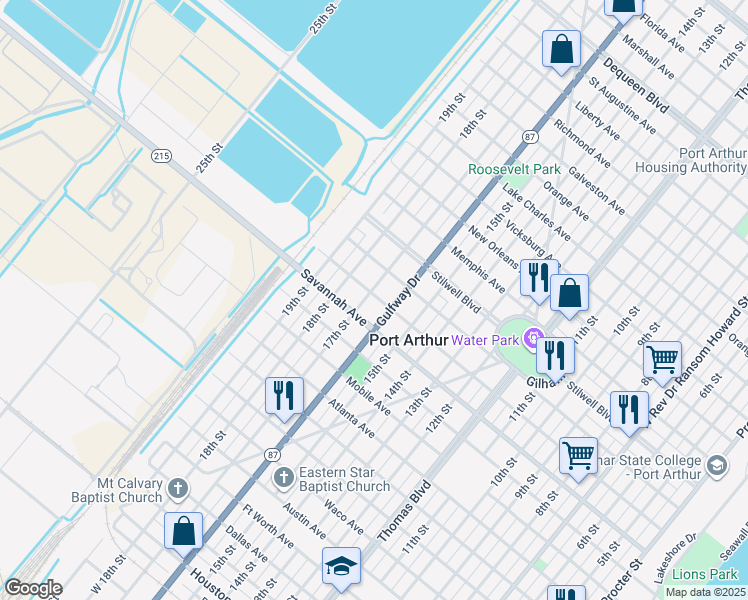 map of restaurants, bars, coffee shops, grocery stores, and more near 1746 Savannah Avenue in Port Arthur