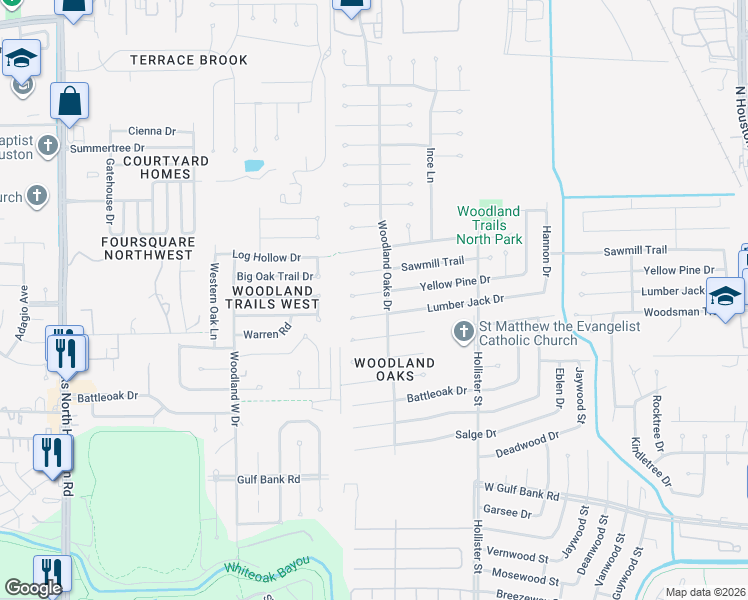 map of restaurants, bars, coffee shops, grocery stores, and more near 7902 Lumber Jack Drive in Houston