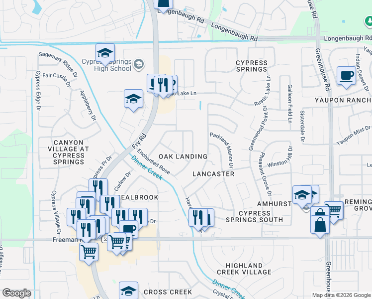 map of restaurants, bars, coffee shops, grocery stores, and more near 20123 Sendera Oaks Lane in Cypress