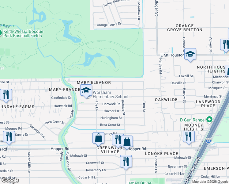 map of restaurants, bars, coffee shops, grocery stores, and more near 3303 Castledale Drive in Houston