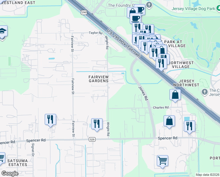 map of restaurants, bars, coffee shops, grocery stores, and more near 7420 Wright Road in Houston