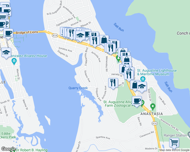 map of restaurants, bars, coffee shops, grocery stores, and more near 30 Solano Avenue in St. Augustine