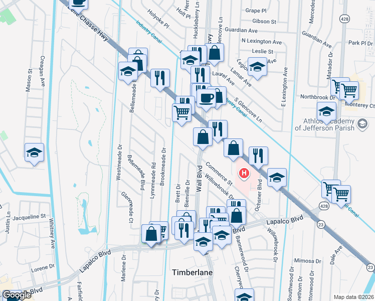 map of restaurants, bars, coffee shops, grocery stores, and more near 428 Commerce Street in Terrytown
