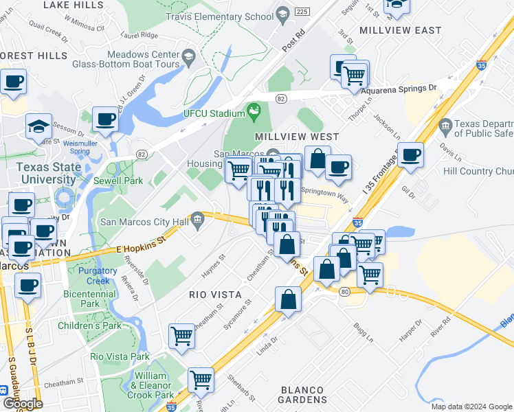 map of restaurants, bars, coffee shops, grocery stores, and more near 641 East Hopkins Street in San Marcos