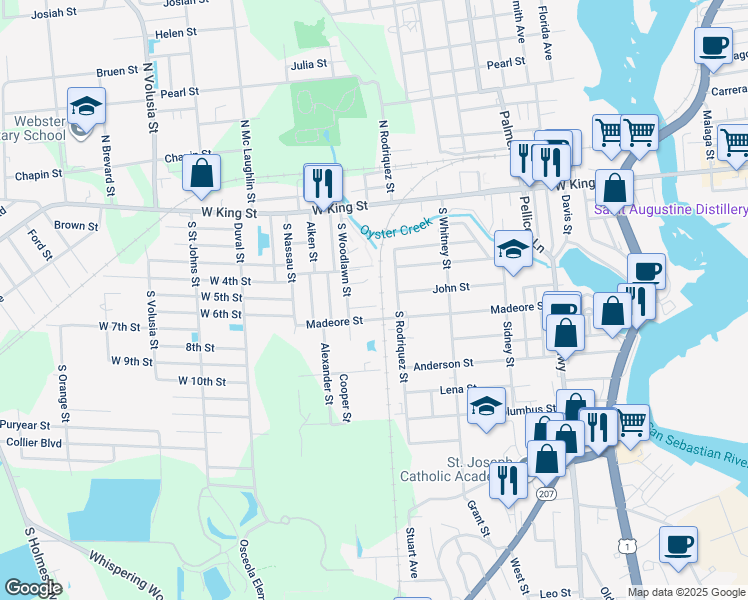 map of restaurants, bars, coffee shops, grocery stores, and more near 564 South Woodlawn Street in St. Augustine