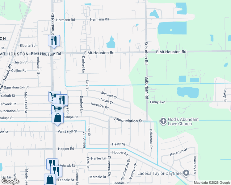 map of restaurants, bars, coffee shops, grocery stores, and more near 11403 Cheeves Drive in Houston