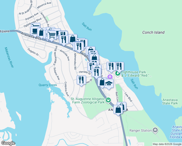 map of restaurants, bars, coffee shops, grocery stores, and more near 900 Florida A1A in St. Augustine