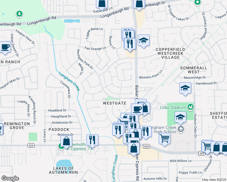map of restaurants, bars, coffee shops, grocery stores, and more near 7411 Parkcross Place in Cypress