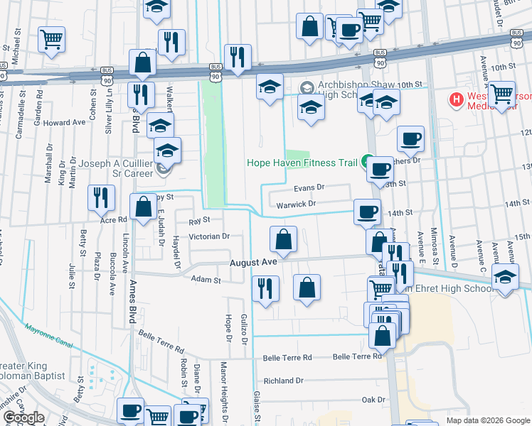 map of restaurants, bars, coffee shops, grocery stores, and more near 5265 Warwick Drive in Marrero