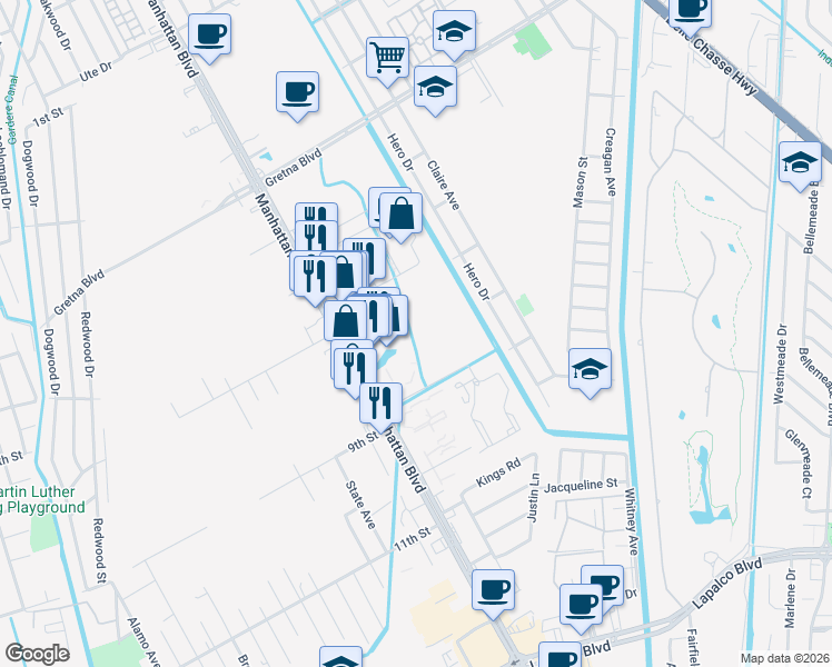 map of restaurants, bars, coffee shops, grocery stores, and more near in Harvey