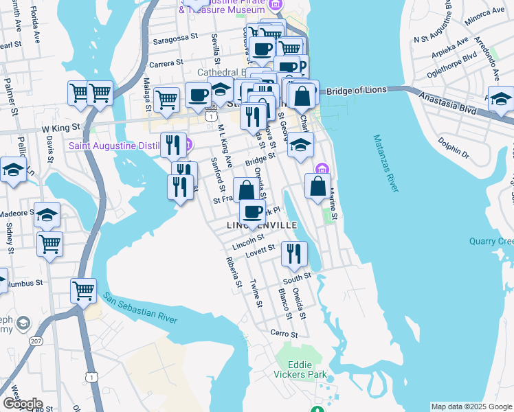 map of restaurants, bars, coffee shops, grocery stores, and more near in St. Augustine