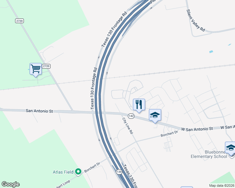 map of restaurants, bars, coffee shops, grocery stores, and more near Texas 130 Frontage Road in Lockhart