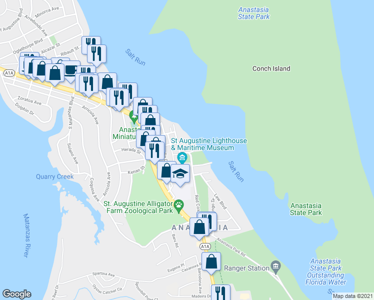 map of restaurants, bars, coffee shops, grocery stores, and more near 100 Carver Street East in St. Augustine