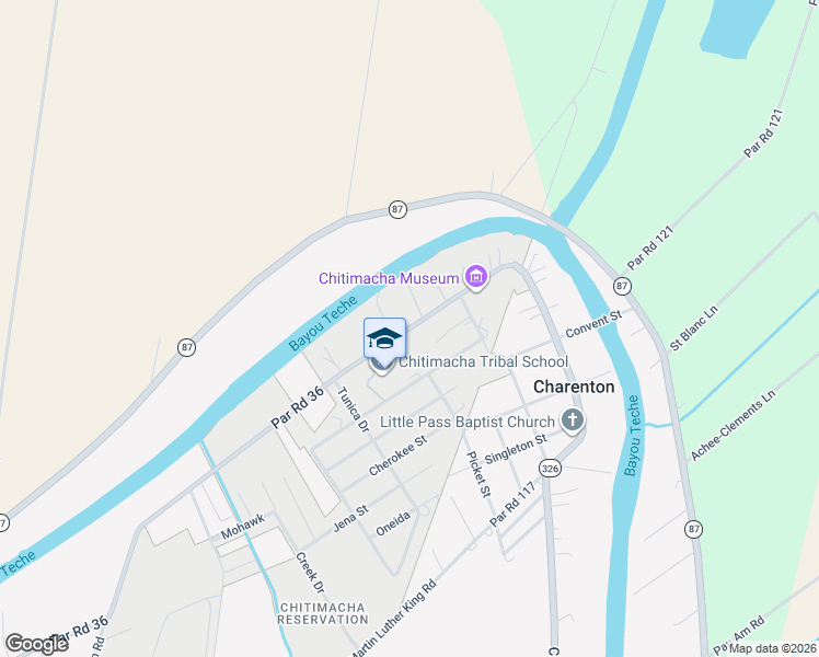 map of restaurants, bars, coffee shops, grocery stores, and more near 3570 Chitimacha Trail in Jeanerette