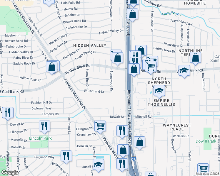 map of restaurants, bars, coffee shops, grocery stores, and more near 911 West Bertrand Street in Houston