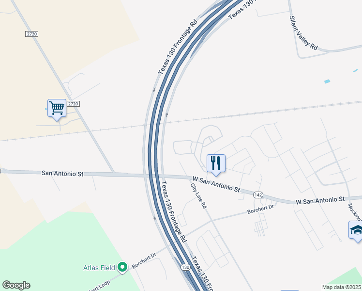 map of restaurants, bars, coffee shops, grocery stores, and more near Texas 130 Frontage Road in Lockhart