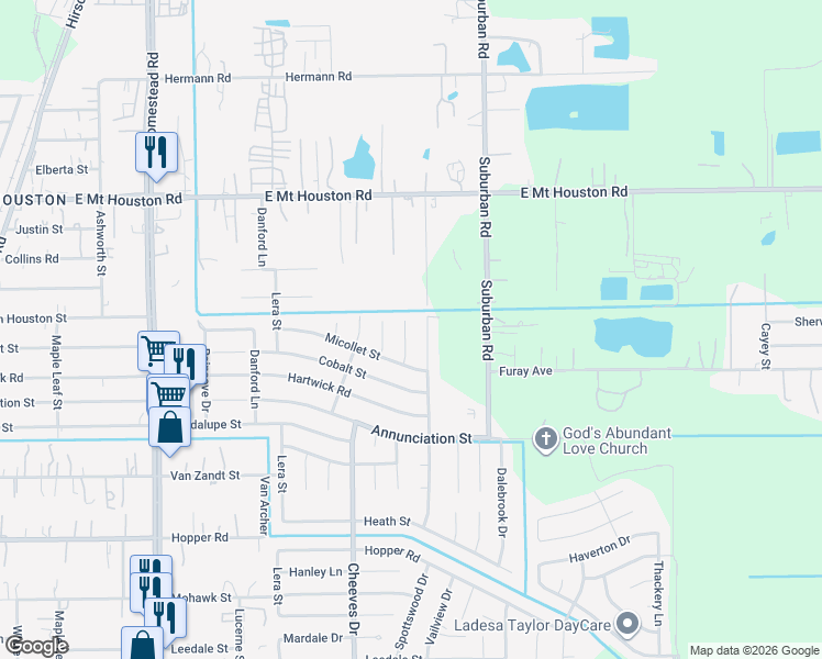 map of restaurants, bars, coffee shops, grocery stores, and more near 11426 Lemond Drive in Houston