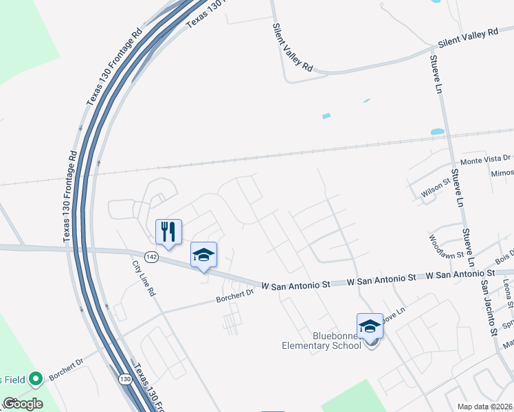 map of restaurants, bars, coffee shops, grocery stores, and more near 1713 Windsor Boulevard in Lockhart