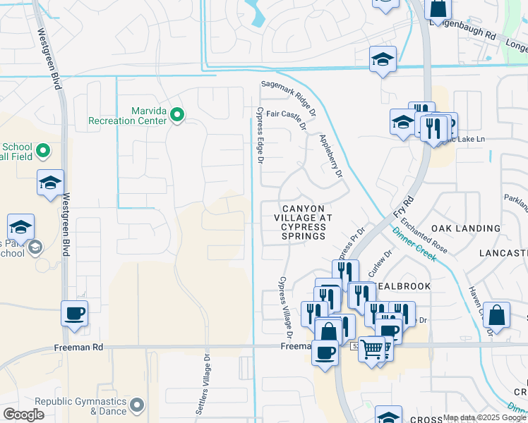 map of restaurants, bars, coffee shops, grocery stores, and more near 20722 Cypress Green Lane in Cypress
