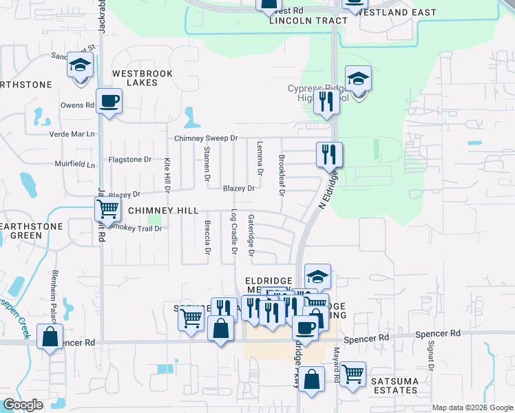 map of restaurants, bars, coffee shops, grocery stores, and more near 13319 Blazey Drive in Houston