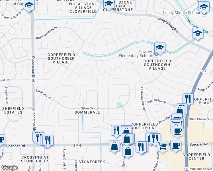 map of restaurants, bars, coffee shops, grocery stores, and more near 7435 Dew Mist Lane in Houston