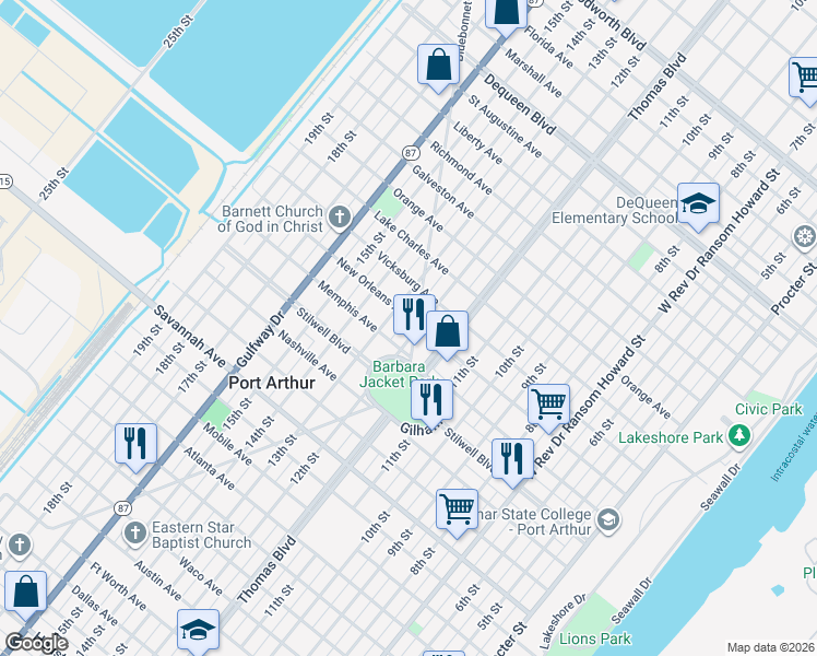 map of restaurants, bars, coffee shops, grocery stores, and more near 1701 Bluebonnet Avenue in Port Arthur