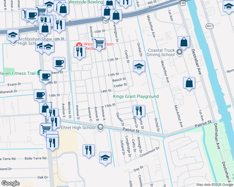 map of restaurants, bars, coffee shops, grocery stores, and more near 1340 Gaudet Drive in Marrero
