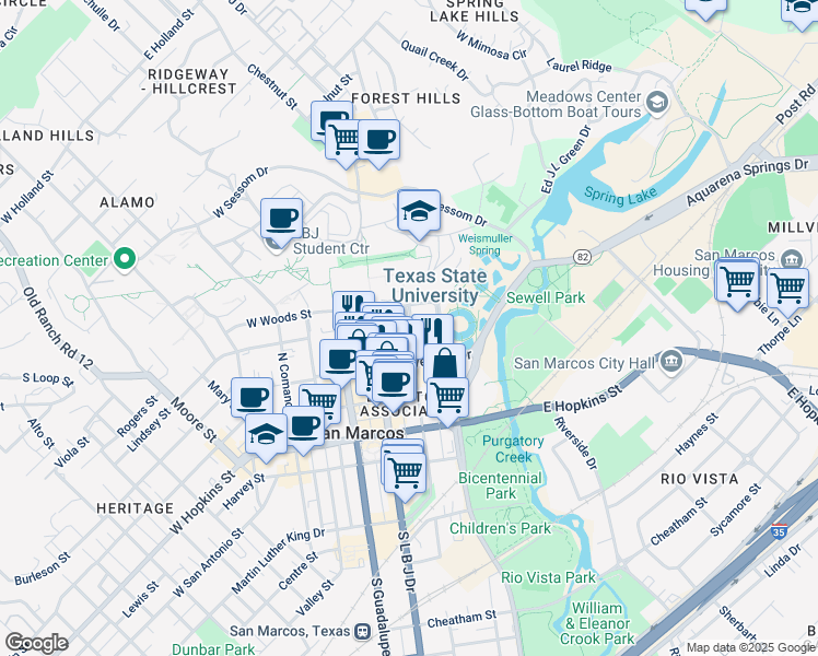 map of restaurants, bars, coffee shops, grocery stores, and more near 511 North Edward Gary Street in San Marcos