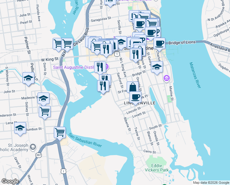 map of restaurants, bars, coffee shops, grocery stores, and more near 62 Sanford Street in St. Augustine