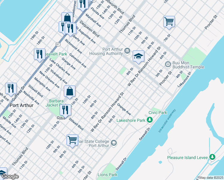 map of restaurants, bars, coffee shops, grocery stores, and more near 2116 9th Street in Port Arthur