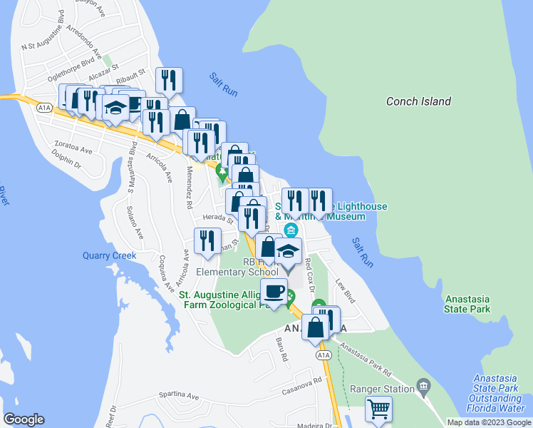 map of restaurants, bars, coffee shops, grocery stores, and more near 20 Busam Street in St. Augustine