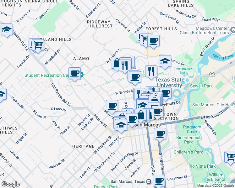 map of restaurants, bars, coffee shops, grocery stores, and more near in San Marcos