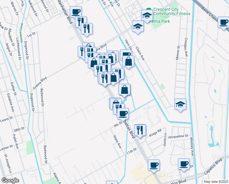 map of restaurants, bars, coffee shops, grocery stores, and more near in Harvey