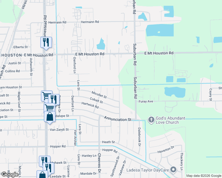 map of restaurants, bars, coffee shops, grocery stores, and more near 11427 Cheeves Drive in Houston