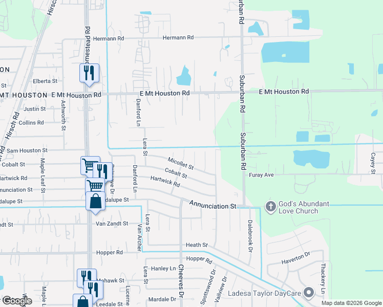 map of restaurants, bars, coffee shops, grocery stores, and more near 11427 Cheeves Drive in Houston