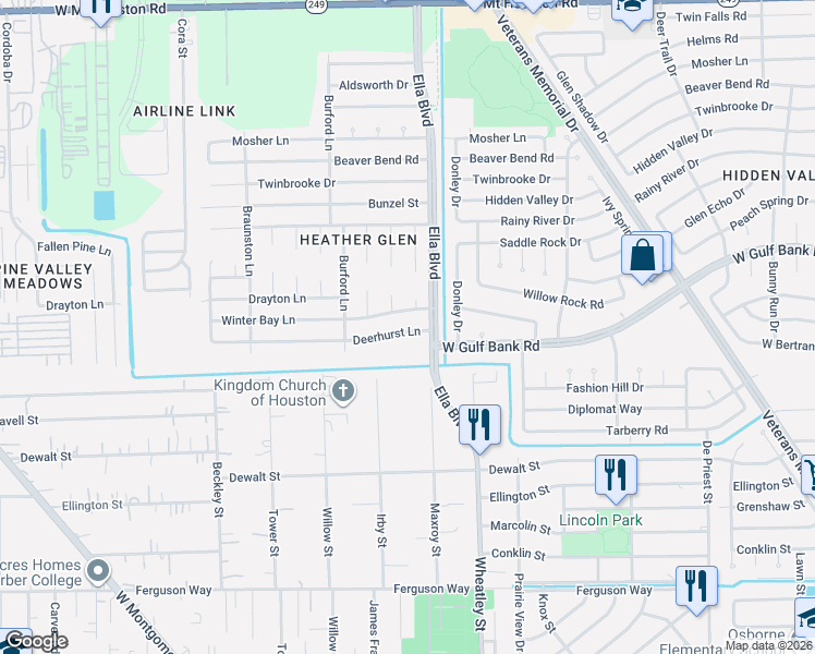 map of restaurants, bars, coffee shops, grocery stores, and more near 8702 Brackley Lane in Houston
