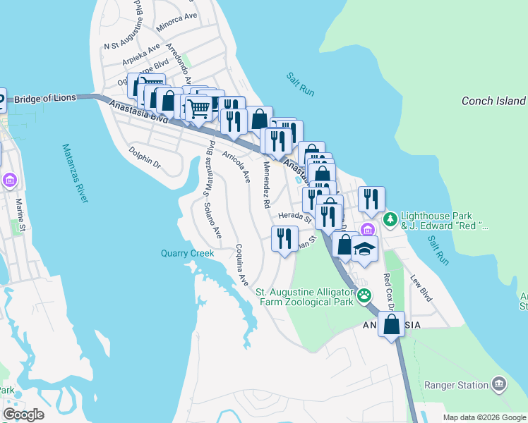 map of restaurants, bars, coffee shops, grocery stores, and more near 36 Menendez Road in St. Augustine