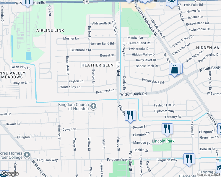map of restaurants, bars, coffee shops, grocery stores, and more near 8702 Brackley Lane in Houston