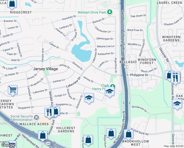 map of restaurants, bars, coffee shops, grocery stores, and more near 7827 Zilonis Court in Jersey Village