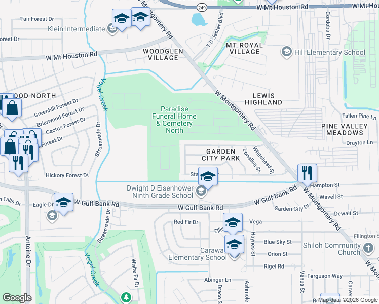 map of restaurants, bars, coffee shops, grocery stores, and more near 3322 McCrarey Drive in Houston