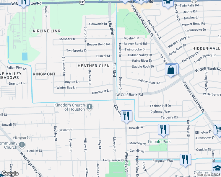 map of restaurants, bars, coffee shops, grocery stores, and more near 1903 Winter Bay Lane in Houston