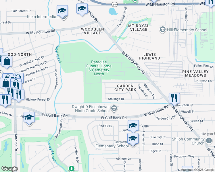 map of restaurants, bars, coffee shops, grocery stores, and more near 3322 McCrarey Drive in Houston