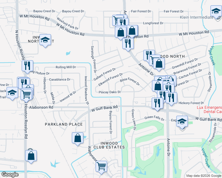 map of restaurants, bars, coffee shops, grocery stores, and more near 8219 Bayou Forest Drive in Houston