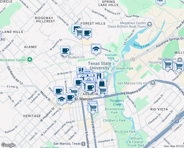 map of restaurants, bars, coffee shops, grocery stores, and more near 511 North Edward Gary Street in San Marcos