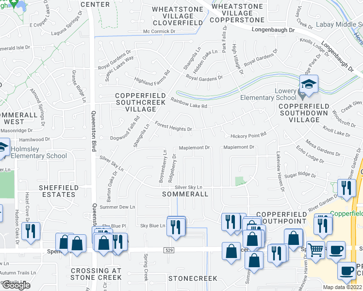 map of restaurants, bars, coffee shops, grocery stores, and more near 16622 Maplemont Drive in Houston