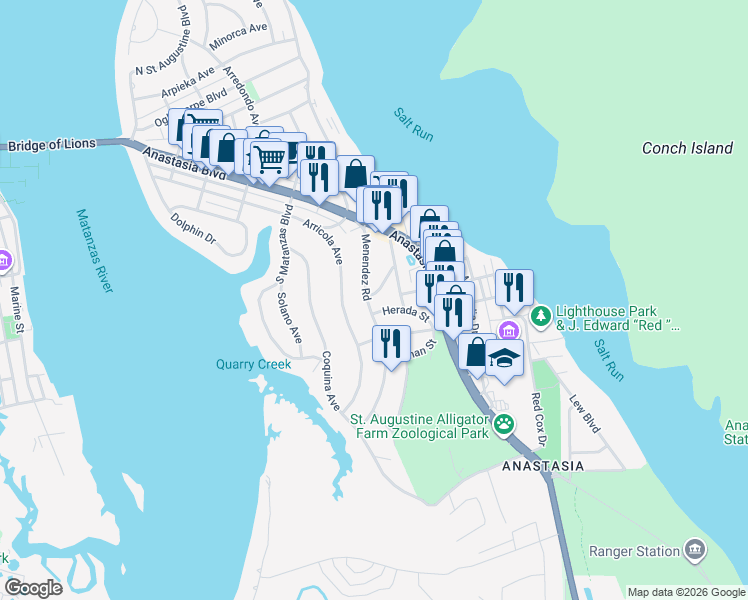 map of restaurants, bars, coffee shops, grocery stores, and more near 36 Menendez Road in St. Augustine